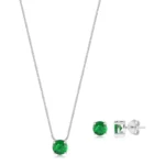 Conjunto de prata 925 colar e brinco ponto de luz redondo (verde)