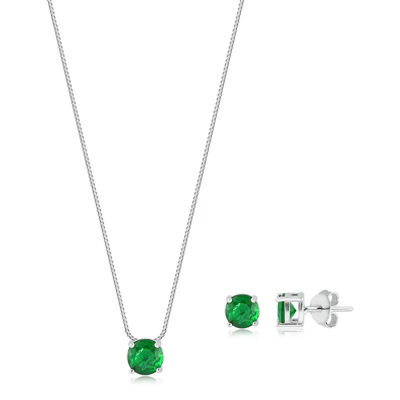 Conjunto de prata 925 colar e brinco ponto de luz redondo (verde)
