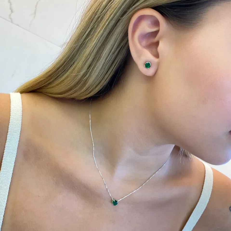 Conjunto de prata 925 colar e brinco ponto de luz redondo (verde) - Imagem 2